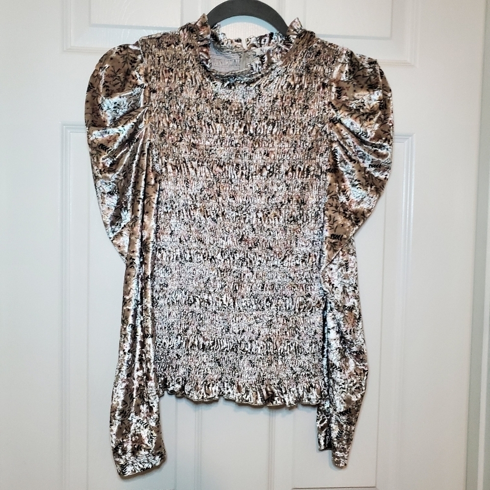 Allison New York Floral Velvet Blouse ruffles Sz XS - Picture 2 of 10